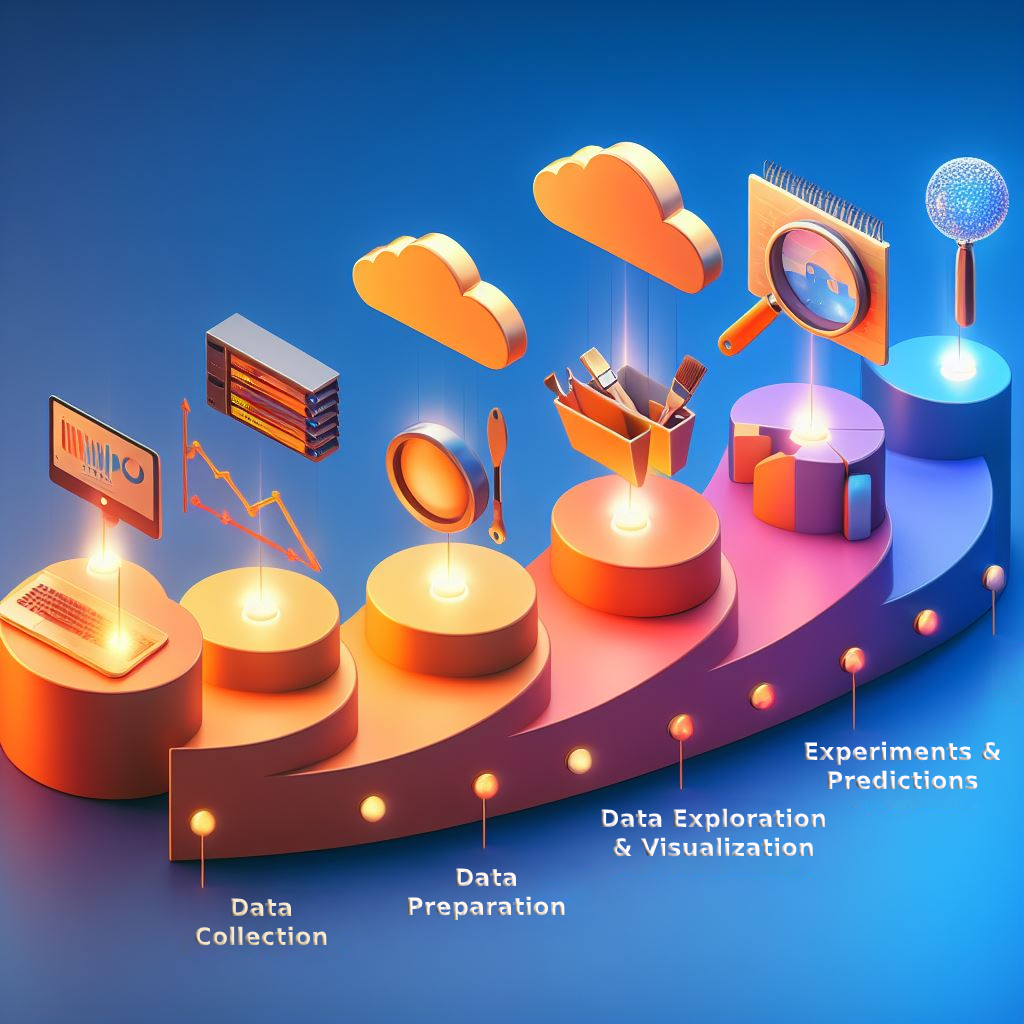 4 Phasis of Data Science: The image depicts a vibrant and dynamic representation of the data science workflow, set against a deep blue background. The workflow is visually divided into four main stages, each symbolized by a combination of three-dimensional objects, icons, and text.
