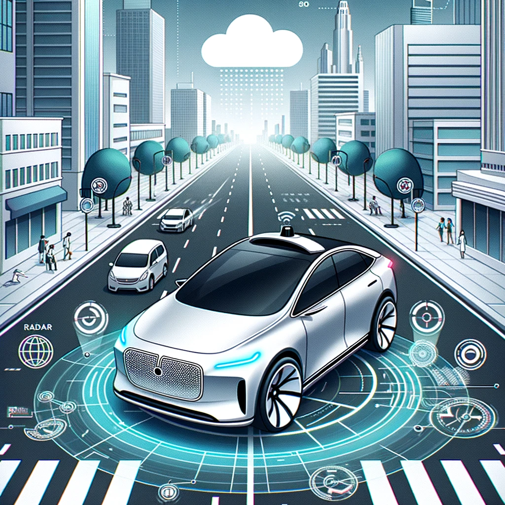An illustration showcasing a futuristic AI self-driving car navigating a city road. The vehicle's design and surrounding visuals emphasize its autonomous capabilities and AI-driven features.