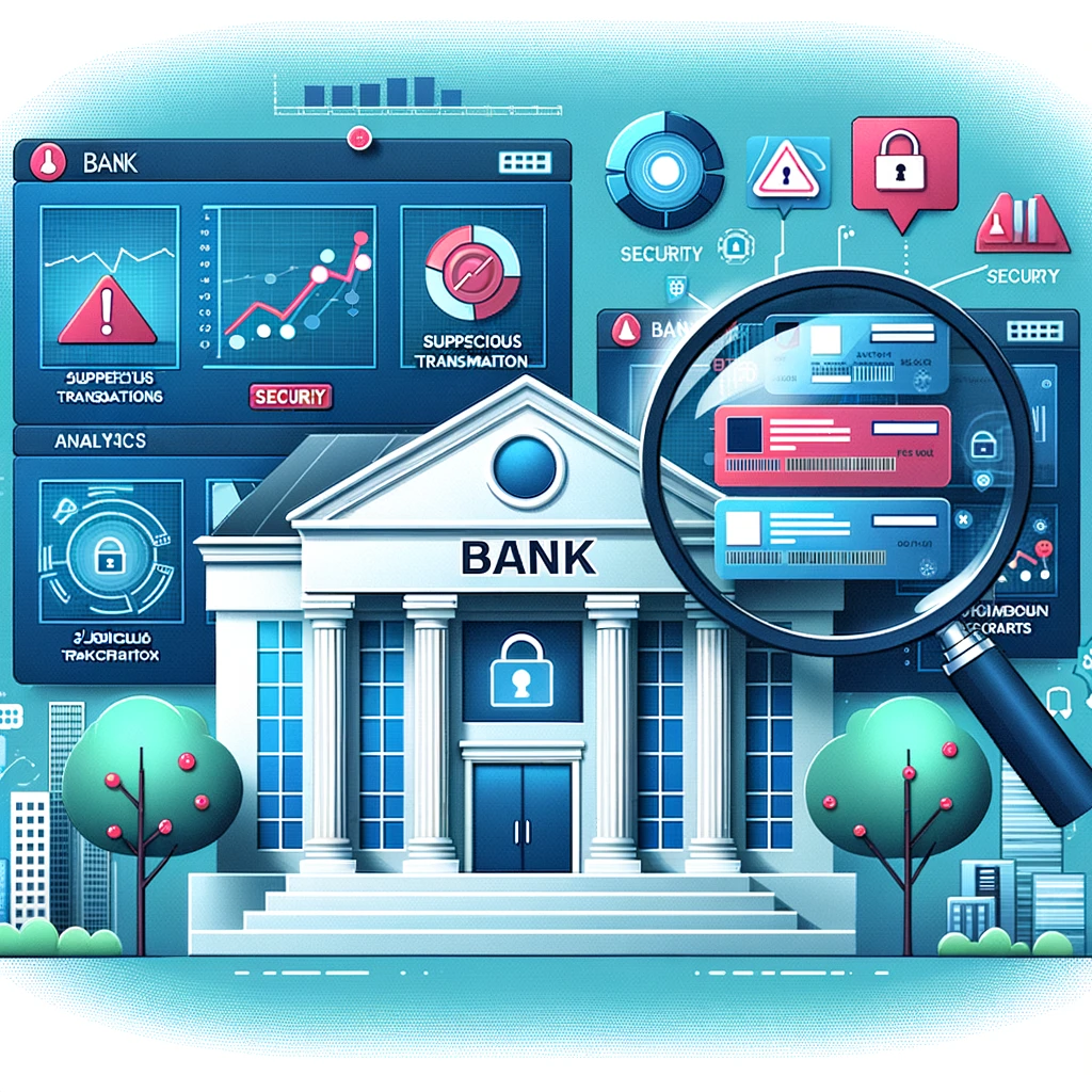 An illustration that depicts banking fraud detection. The scene showcases a bank building with digital screens indicating suspicious transactions. A magnifying glass focuses on one of these transactions, emphasizing potential fraud. The computer screen beside the bank provides a glimpse into the technological side of fraud detection.