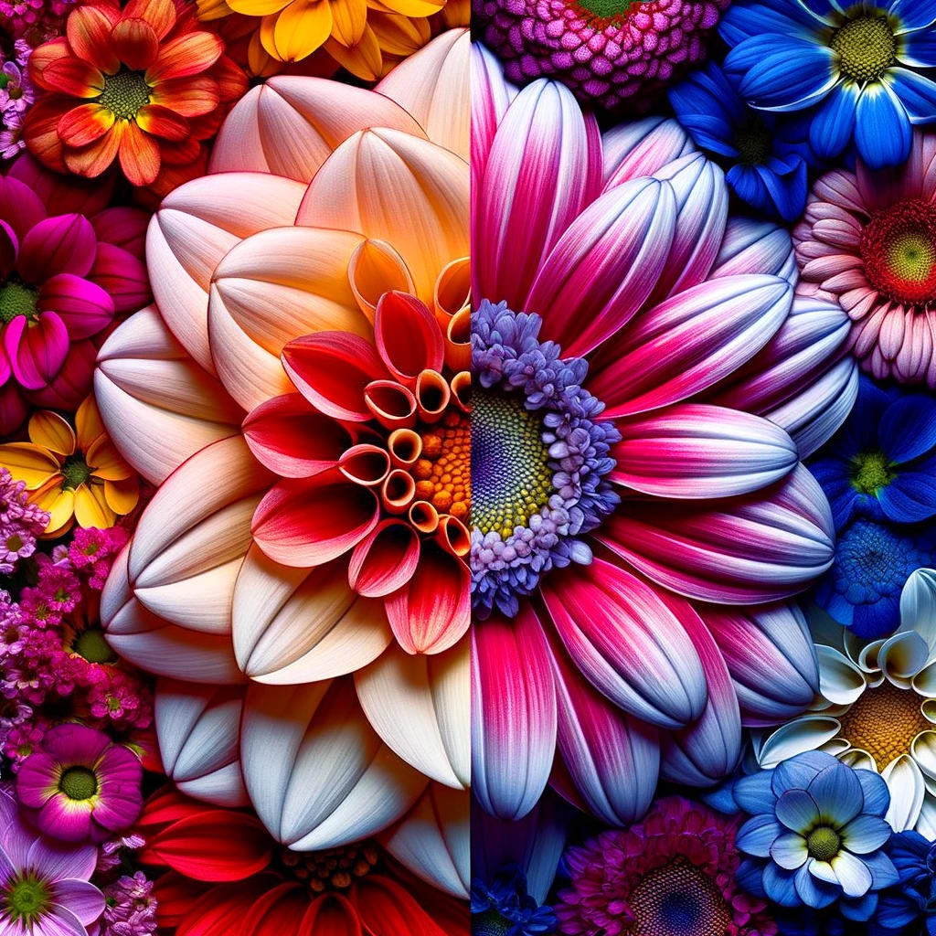 A vibrant split image highlighting plant diversity. On the left side, an array of colorful flowers, all similar in appearance, bloom densely, showcasing subtle differences among them. On the right side, a diverse mix of distinctly different flowers bloom in close proximity, emphasizing the variety within the same grouping.