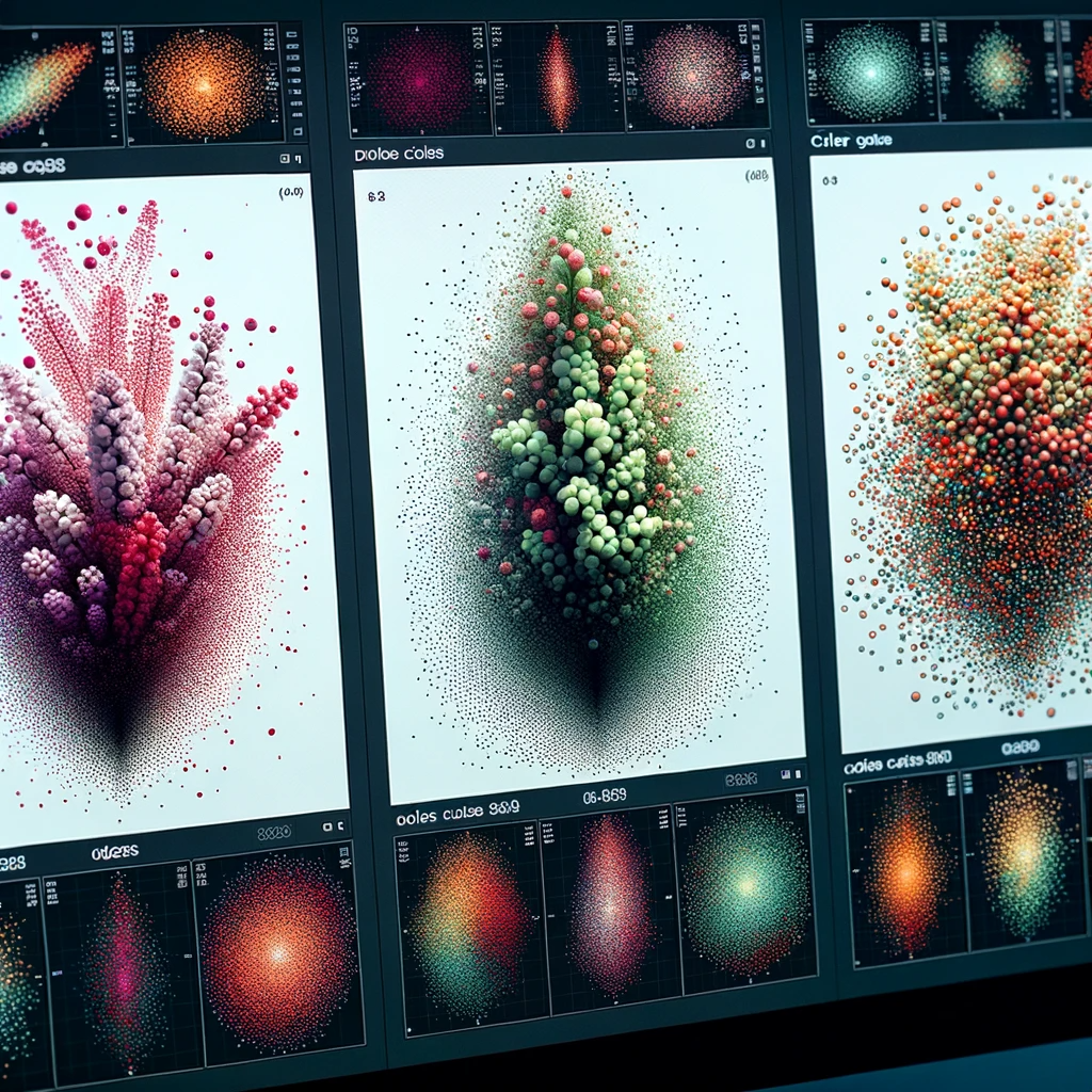 An image of a digital screen showcasing three scatter plots of plant data points, grouped as per your description. The plots represent different plant categories or classifications.