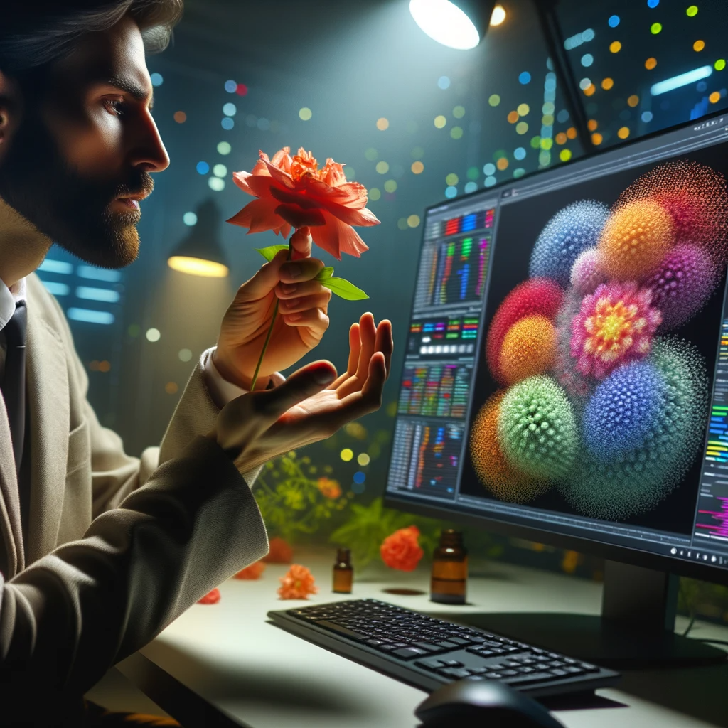An image depicting a botanist deep in thought, analyzing the flower in hand and comparing its features to the data displayed on the computer screen. This visual is to represent the intricate process of botanical research and data analysis.